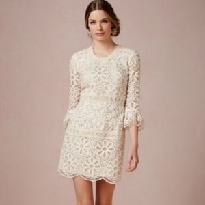BHLDN Cream Sheath Dress with Bell Sleeves and Crew Neck